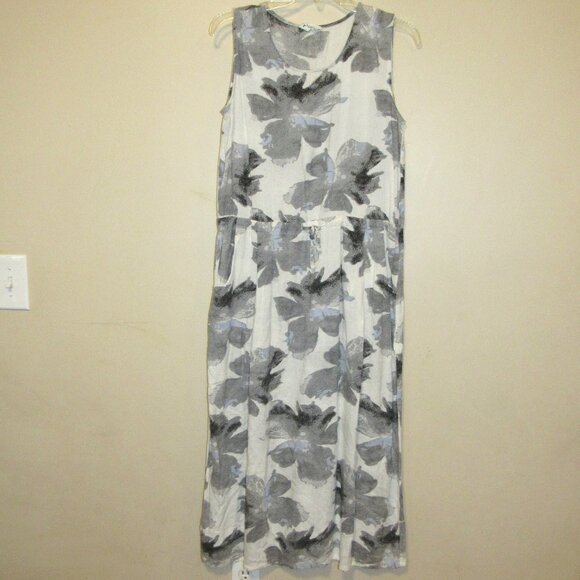 Nard Tree Hong Kong Ivory Gray Floral Lightweight Cotton Summer Midi Dress - Picture 1 of 4